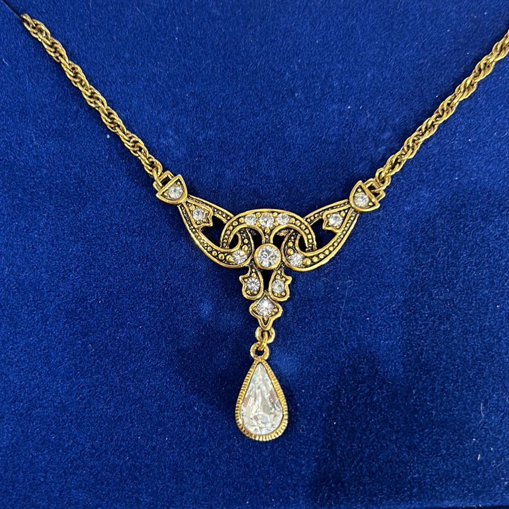 JBK38 Vintage Brass Tone Swarovski Crystal Drop Necklace, JBK by Camrose & Kross